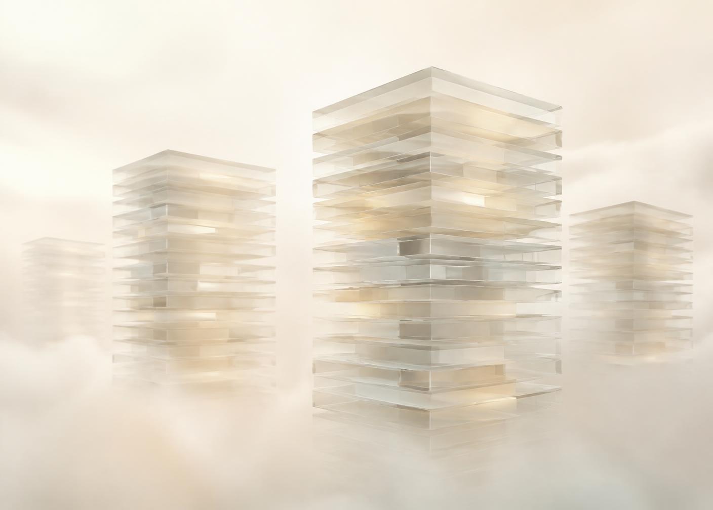 Stacked translucent glass slabs resembling server racks floating in soft ivory fog