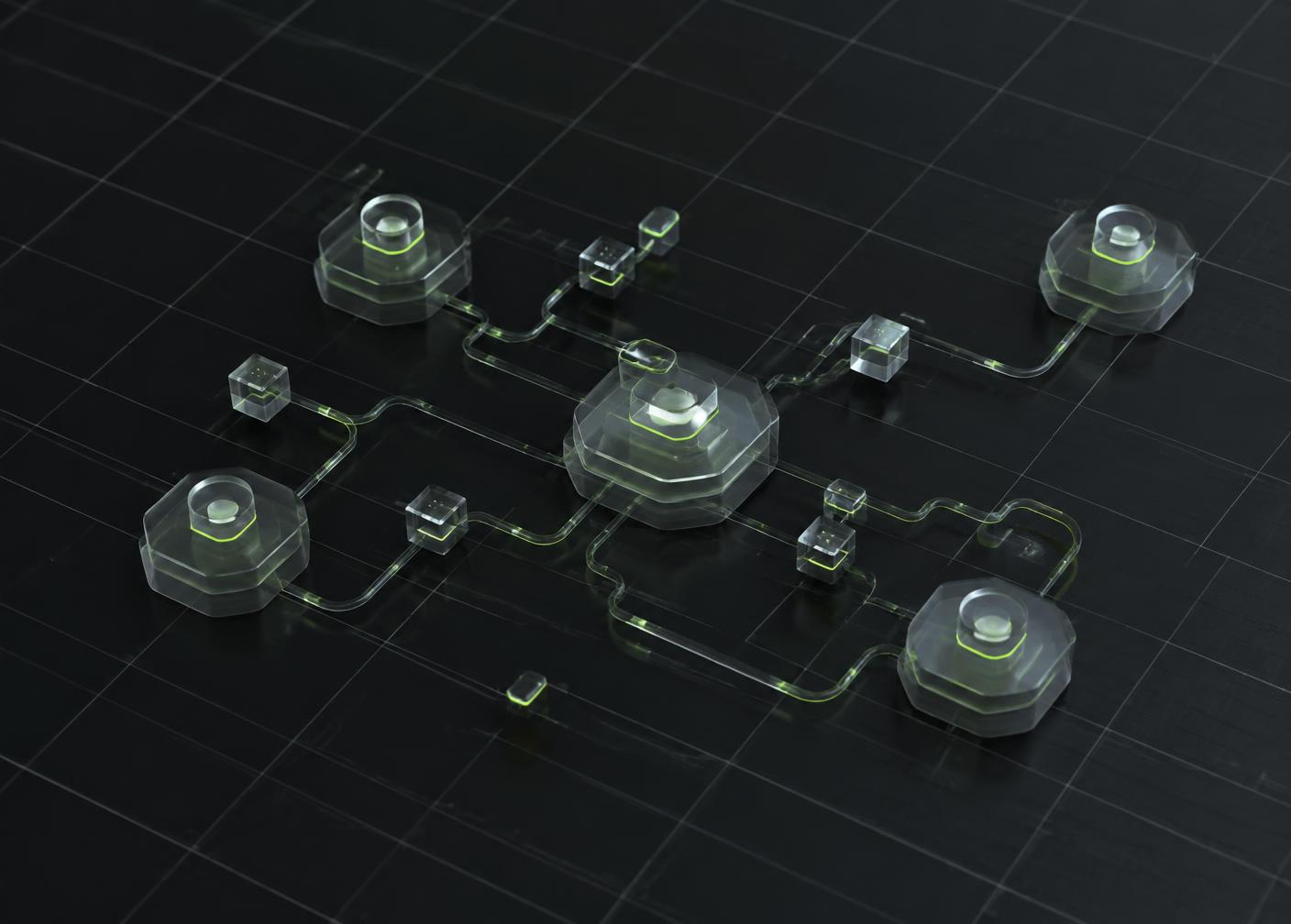 3D render of translucent nodes connected by glowing data pipelines over a dark grid